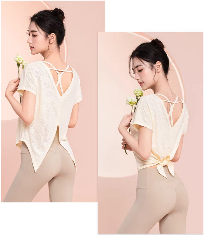 Womens Lace Short Sleeve T-Shirt Casual Round Neck Yoga Top